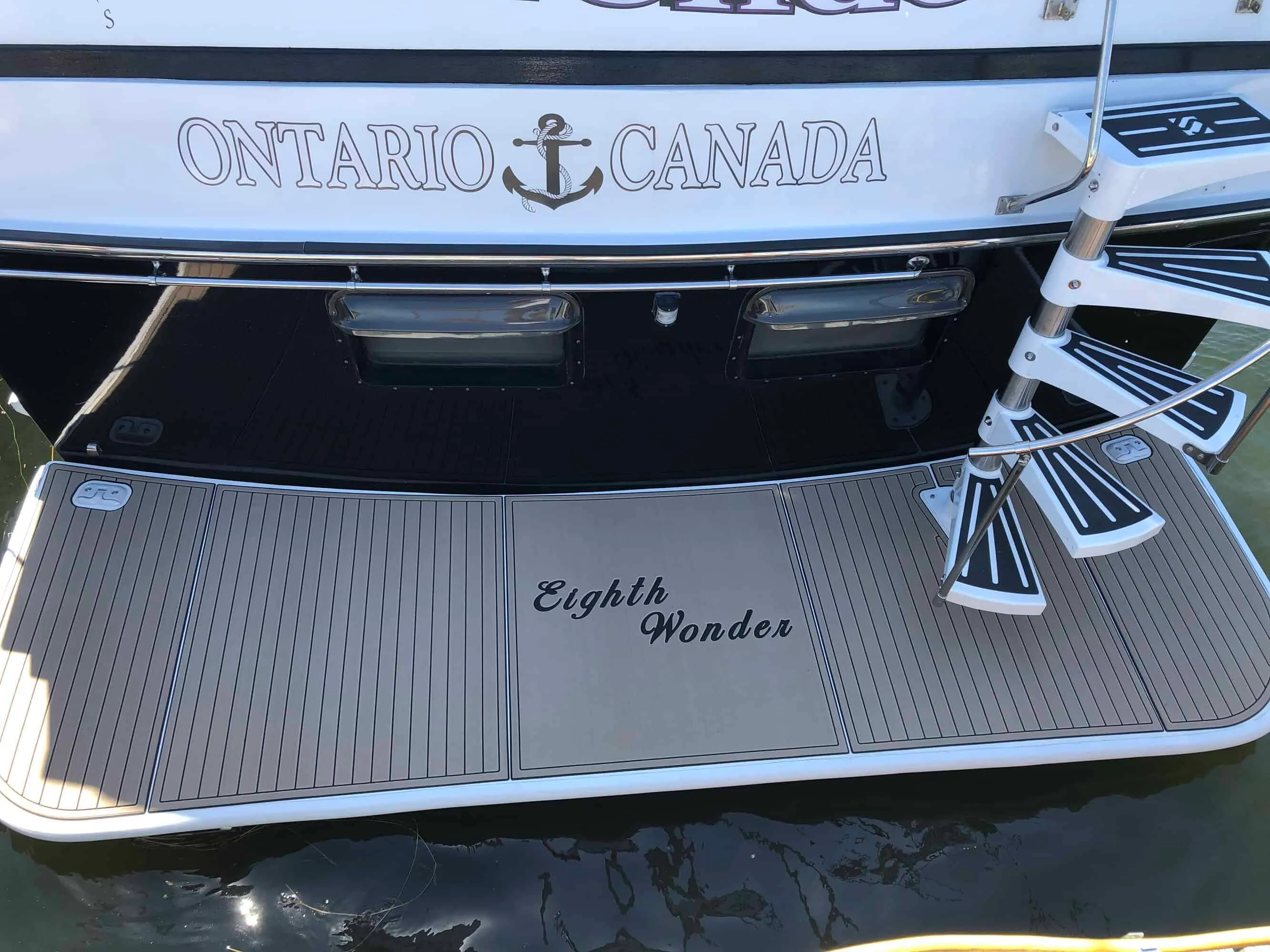 1988 Jefferson 52 Trawler — classic teak deck with SeaDek cushion underfoot